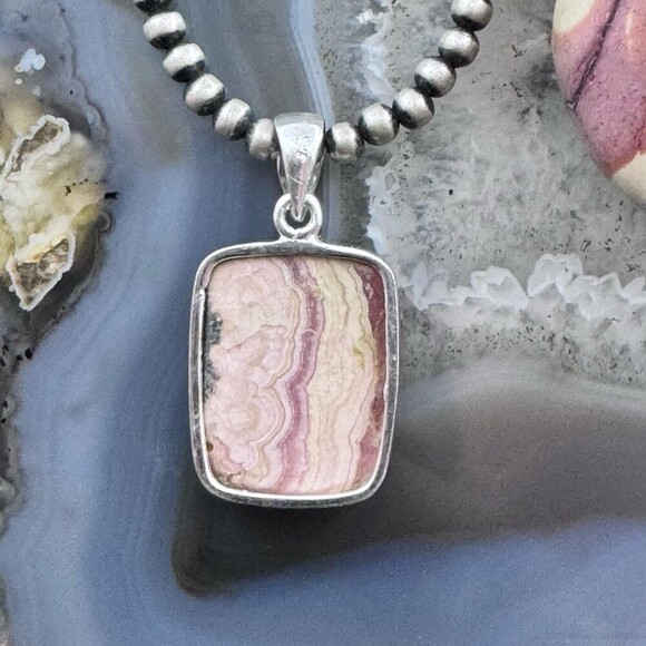 Sterling Silver Southwestern Style Rectangle Rhodochrosite Pendant For Women - Picture 7 of 10